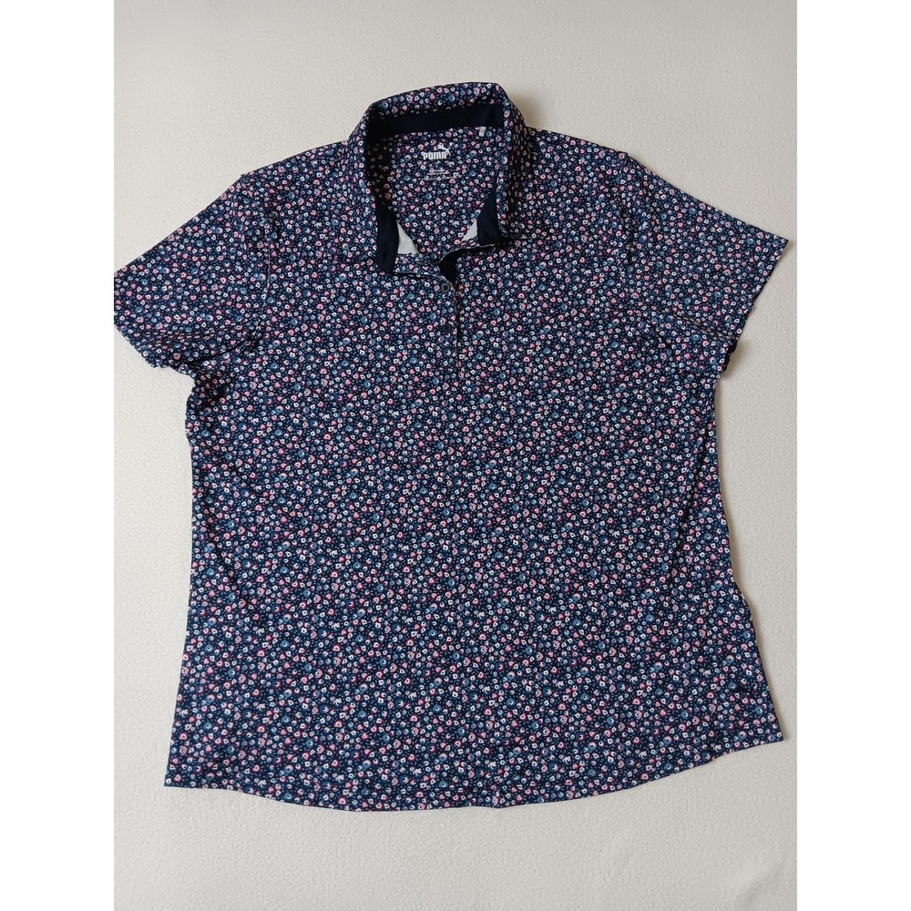 PUMA‎ Blue Polo Shirt Womens L Floral Tagless Jersey Collared Button Active Top